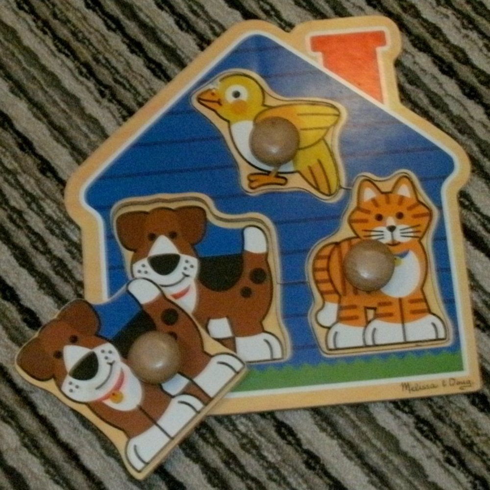 Melissa & Doug Wooden Pet Animals Bird Cat Puppy Dog Jumbo Knob Tray Puzzle